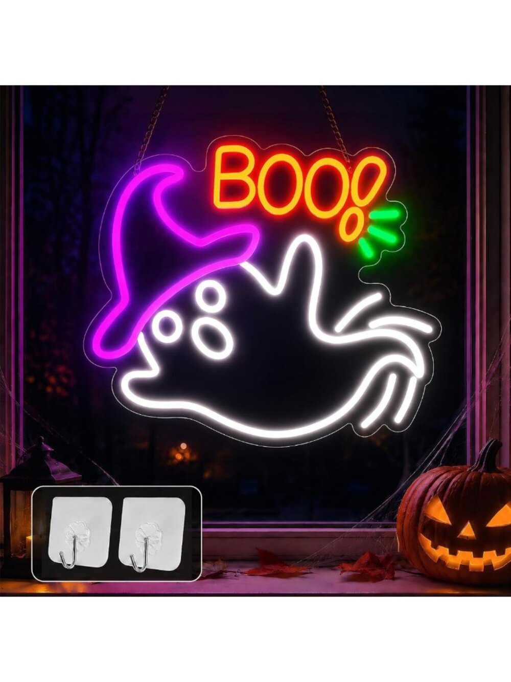 Flashing Ghost Neon Sign for Halloween Party Decor, Dimmable BOO Wall Light